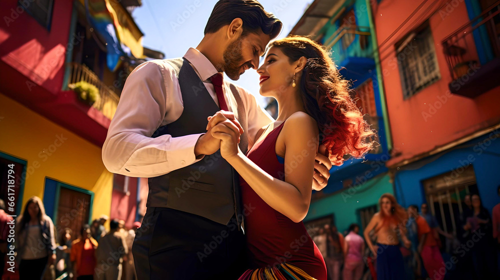 couple dancing tango in the neighborhood of La Boca, Buenos Aires ...