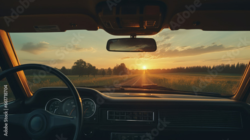 Sunset looking out the window inside a car, driving dashboard and steering wheel