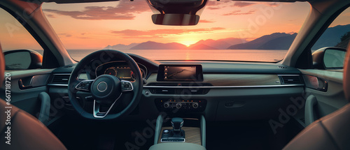 Looking out the window at the beautiful sunset from the car, the car is moving © evening_tao