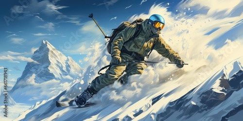 Color illustration of a man who is skiing on a snow mountain