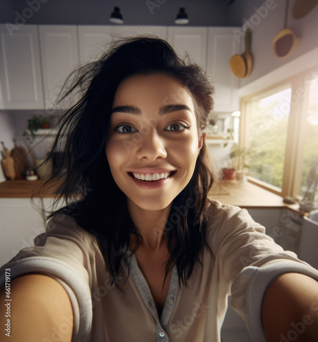 Young Asian woman taking a selfie at home
