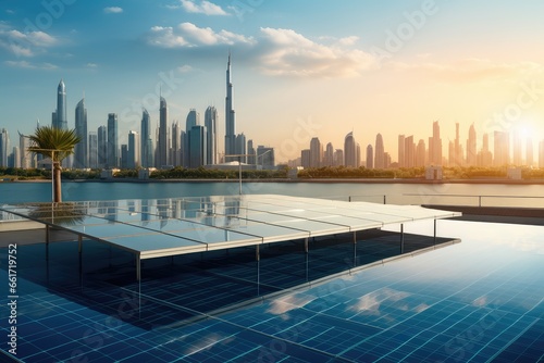 Photovoltaic power generation and modern large cities in the distance