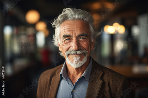 Male portrait of a cheerful smiling stylish senior Caucasian man gentleman indoors