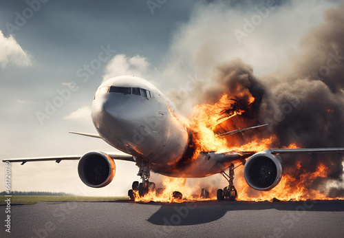 Plane Crash, 
Plane Crashing, 
Plane Crash Fire, 
Burning airplane on fire accident in international airport photo