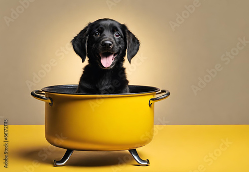 dog in a pot, dog in a pan, dog in a frying pan