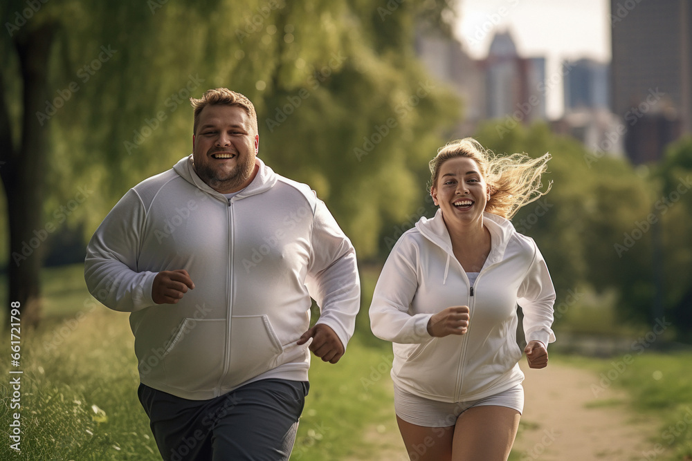 Overweight or fat couple running or jogging together at park Overweight or fat couple running or jogging together at park