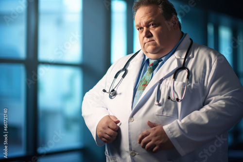 Overweight or fat doctor in uniform with stethoscope