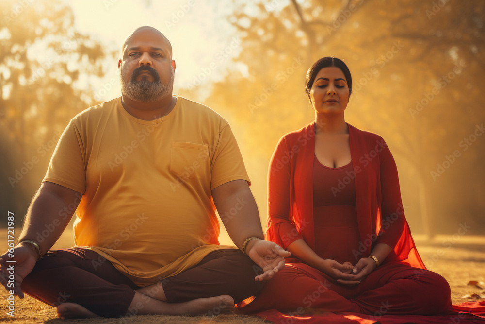 Overweight or fat couple doing yoga or meditation together at park Overweight or fat couple doing yoga or meditation together at park