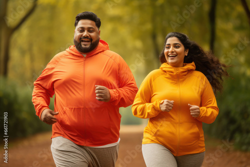 Overweight or fat couple running or jogging together at park. photo