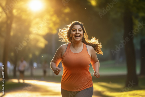 Overweight or fat woman running at park.