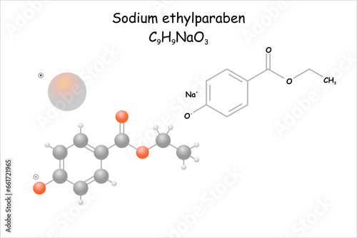 Sodium ethylparaben. Stylized molecule model and structural formula.
