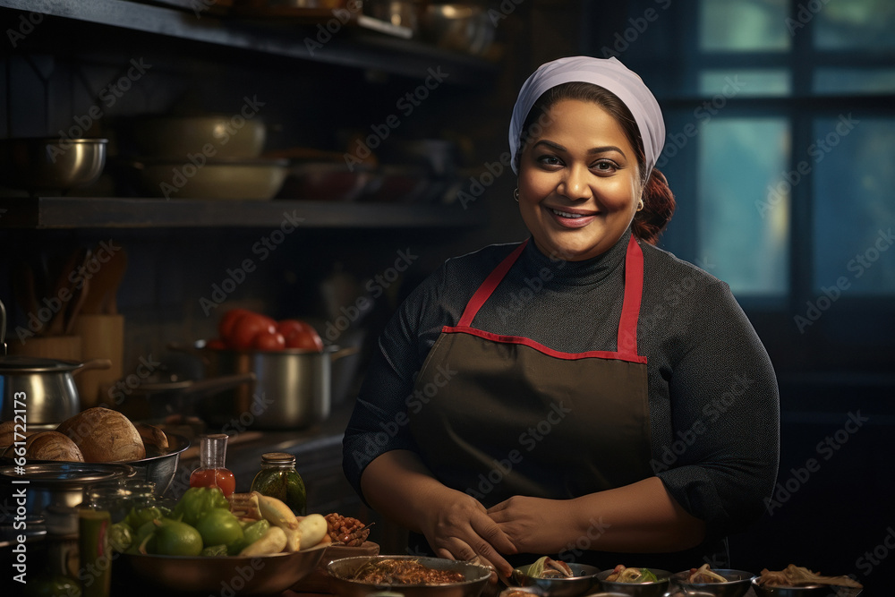 Overweight or fat female chef or cook giving happy expression at kitchen