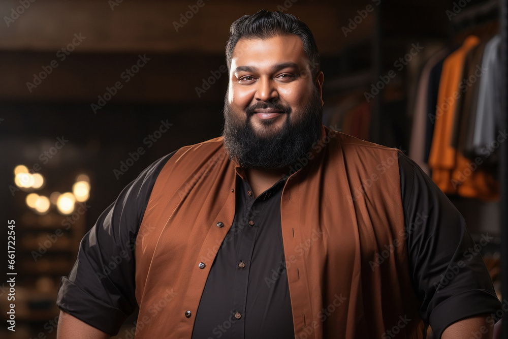 Overweight or fat man fashion designer standing at shop.