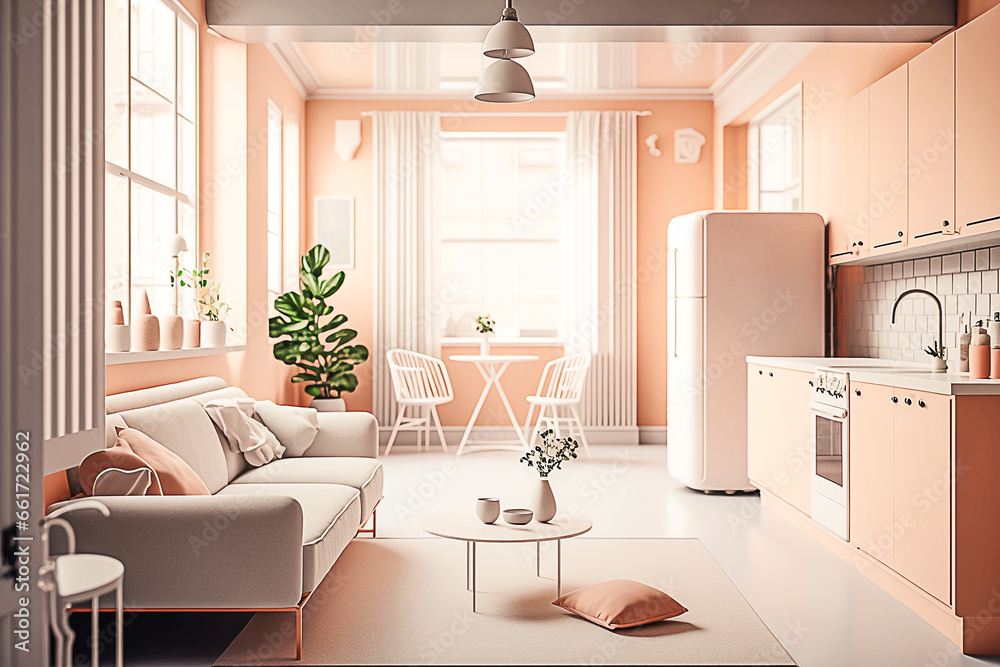 Fototapeta premium Modern light cozy spacious apartment in light peach colors. Generative AI 