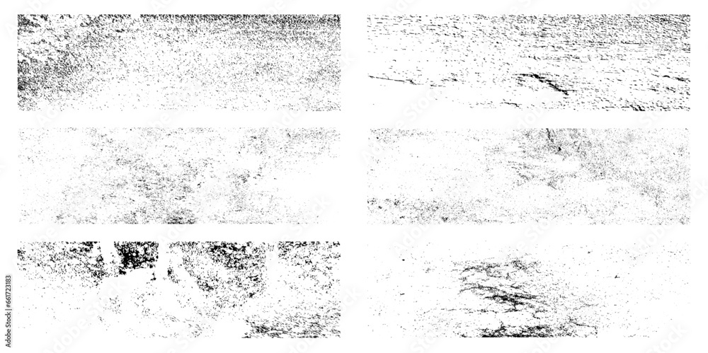 A set of six grunge textures. Black scuffs on a white background. Vector illustration.