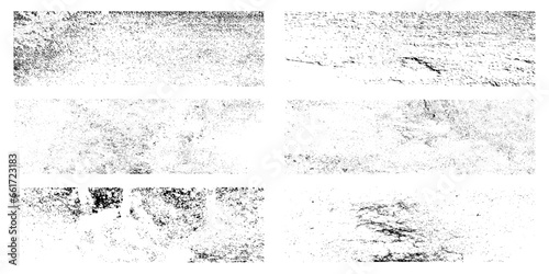 A set of six grunge textures. Black scuffs on a white background. Vector illustration.