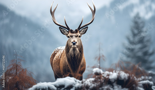 Majestic winter portrait of a close-up red deer stag