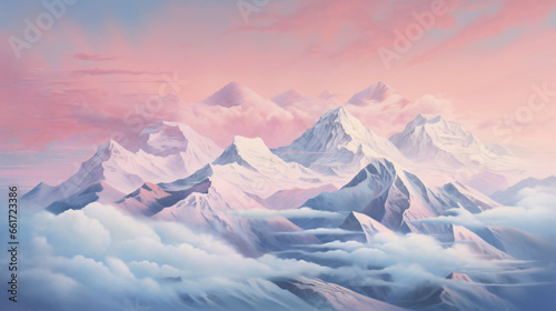 A painting of a mountain with a pink sky © iqra