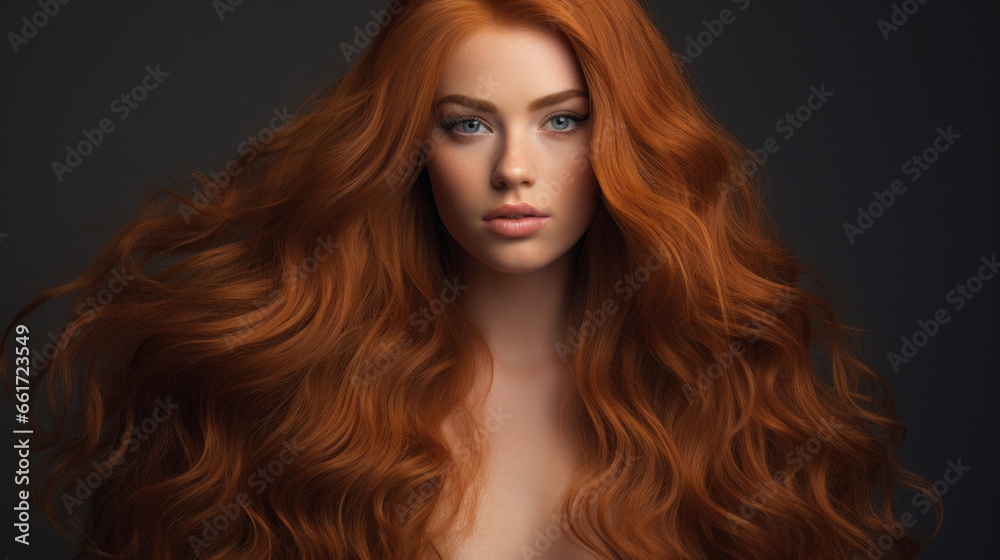 Ginger girl with long and shiny wavy red hair. Beautiful model with curly hairstyle
