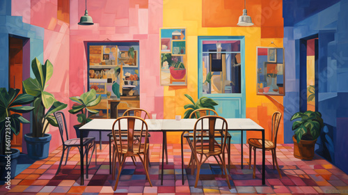 A painting of a restaurant with colorful walls