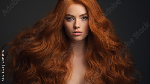 Ginger girl with long and shiny wavy red hair. Beautiful model with curly hairstyle