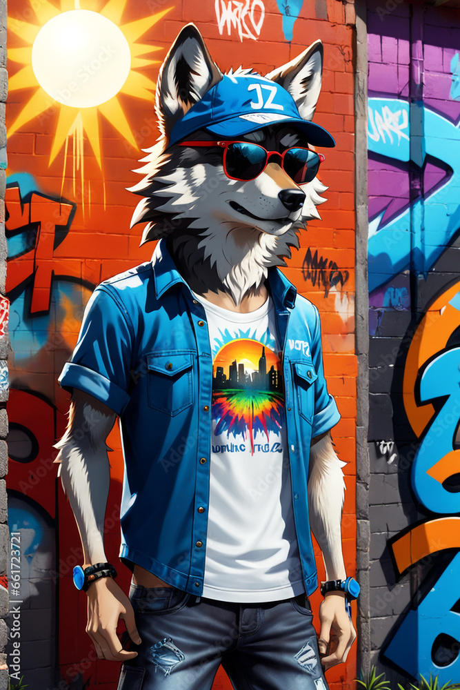 Wolf in magical journey cap and sun glass graffiti image