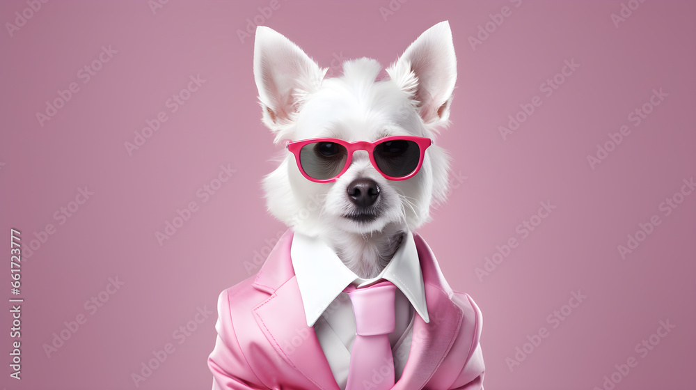 cute white dog wearing dark pink glasses and a pink suit with a pink tie isolated on pink background
