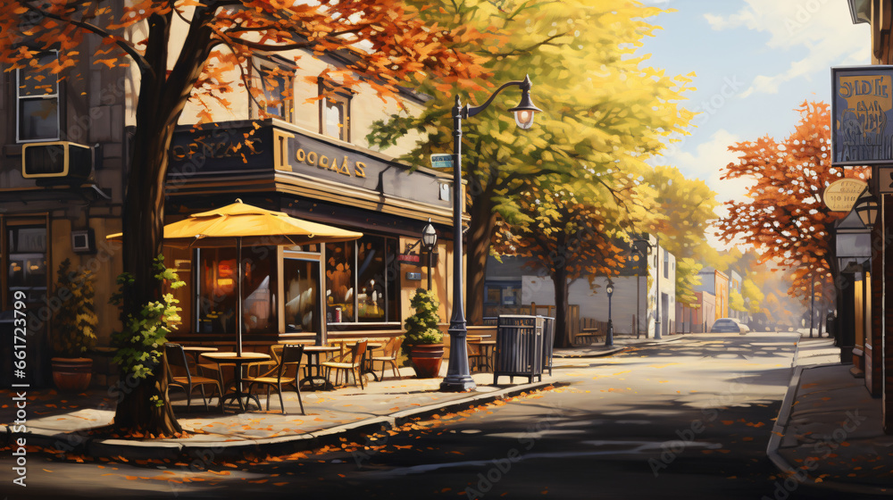 A painting of a street corner with a cafe