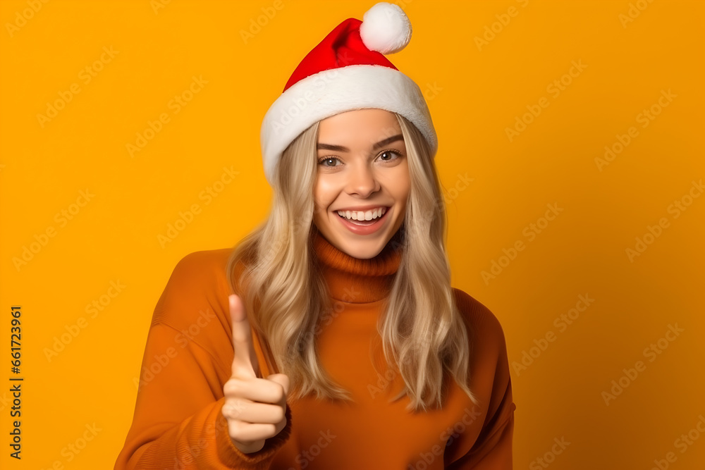 The photograph of a cute girl wearing a Santa Claus hat and an advertising finger present poses Christmas shopping season ads isolated on a yellow background. - Generative AI The photograph of a cute girl wearing a Santa Claus hat and an advertising finger present poses Christmas shopping season ads isolated on a yellow background. - Generative AI
