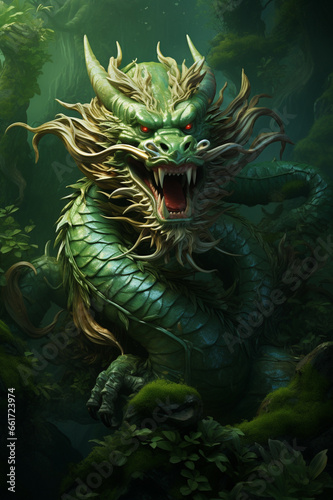 Symbols of Chinese New Year - dragon. Banner 2024. Head of angry green yellow dragon on forest background. Asian mythological creature. Art illustration. Card with green chinese dragon. 