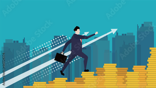 目標に向かって積み上げられた硬貨の上を駆け上がっているビジネスマン（青）　Businessman running up a stack of coins to reach a goal (blue)