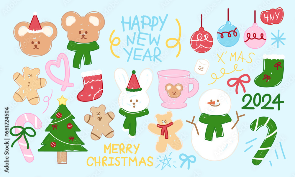 Christmas doodles including Xmas tree, Teddy Bear, Bunny, gingerbread man, ornaments, candy cane, sock, snowman for winter stickers, tattoo, festive icons, cartoon character, comic, mascot, print, ads