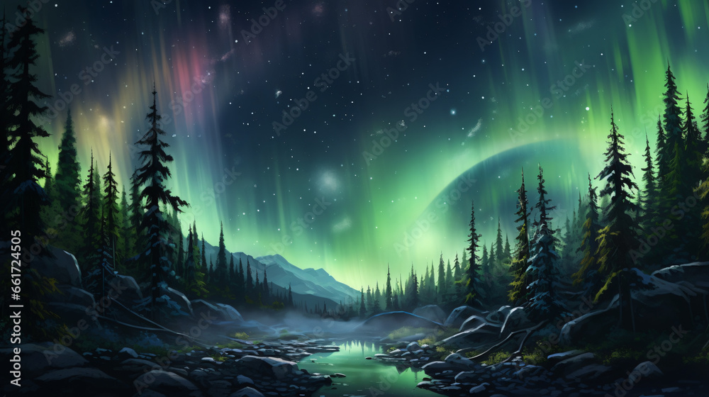 A painting of the aurora bore in the night