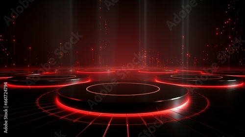 High-tech digital background in red and black featuring circular shapes, glowing lights, and red lines, reminiscent of a technological blueprint with rim light and confetti-like dots.