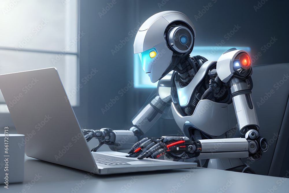 Fototapeta premium Robot use laptop in the room.