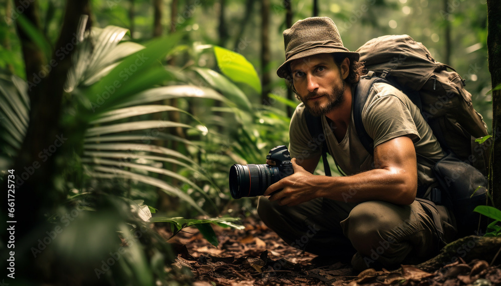 A photo of photographer in jungle taking a shoot of anima