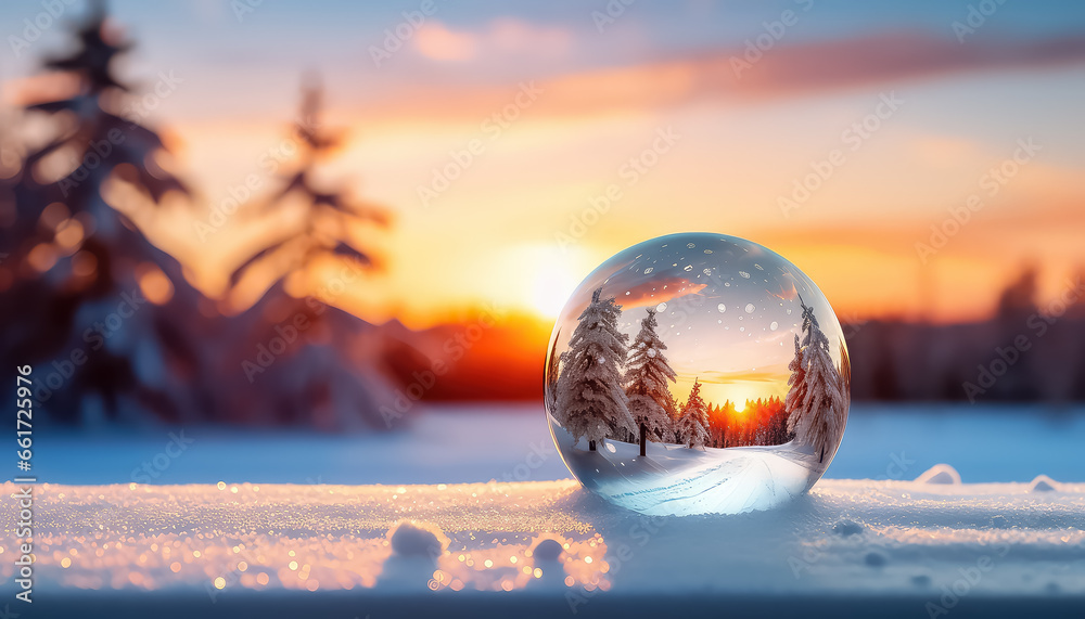Glass ball on the background of a beautiful winter landscape - obrazy, fototapety, plakaty 