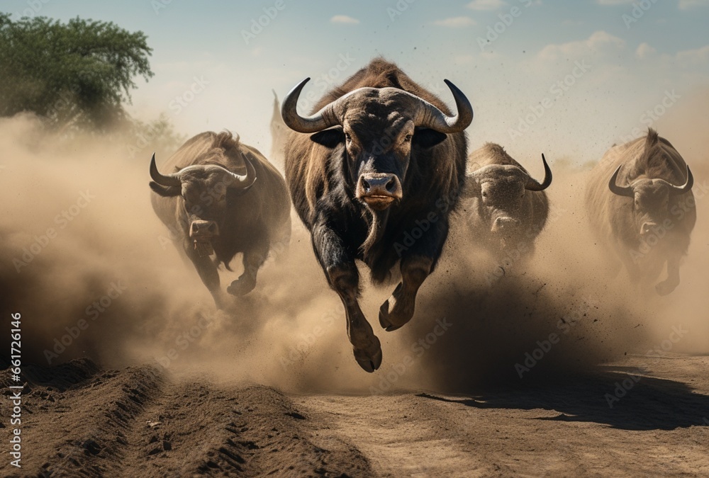 Buffaloes running with dust. AI Generated Images Stock Photo | Adobe Stock