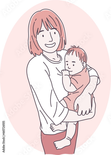 Mother holding her baby in her arms. Vector illustration in cartoon style