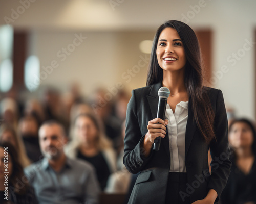 Successful Female Business Presenter. Corporate Seminar Speaker in Action