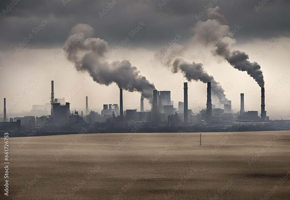 Power Plant with Smoke, 
Industrial Smokestacks Scene, 
Pollution from Energy Plant, 
Environmental Impact of Power Plants, 
Factory Emissions and Pollution