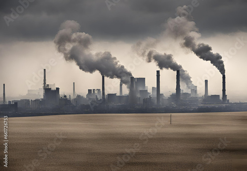 Power Plant with Smoke,  Industrial Smokestacks Scene,  Pollution from Energy Plant,  Environmental Impact of Power Plants,  Factory Emissions and Pollution © Nazir