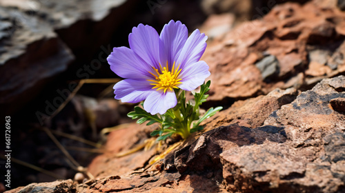 A purple flower with a yellow center in a rocky area © iqra