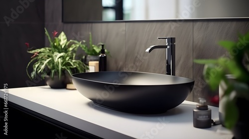 black sink in stylish bathroom interior