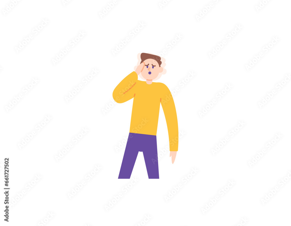 illustration of a boy who has a headache. headaches and throbbing. child is sick. A man felt pain and dizziness in his head. migraine disease. health problems. vector element design. flat or cartoon