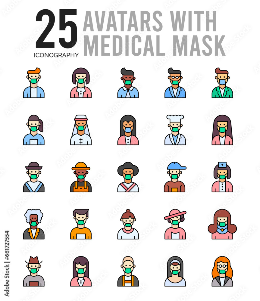 25 Avatars With Medical Masks Lineal Color icon pack. vector illustration. 25 Avatars With Medical Masks Lineal Color icon pack. vector illustration.