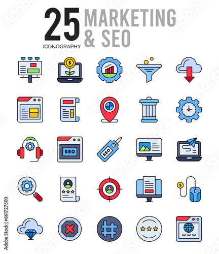 25 Marketing and Seo Lineal Color icon pack. vector illustration.