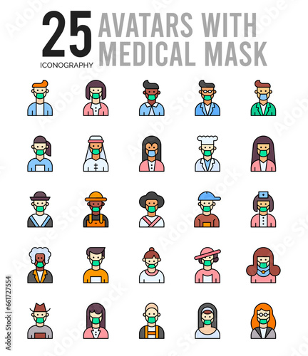25 Avatars With Medical Masks Lineal Color icon pack. vector illustration.
