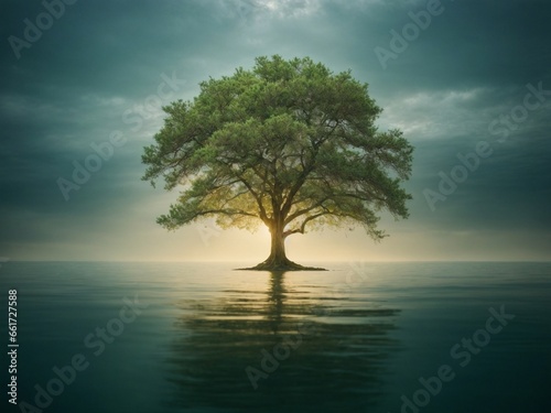 A tree in the center of a lake