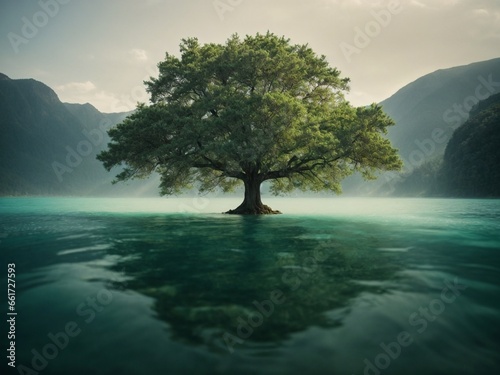 A tree in the center of a lake